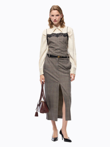Gonna Longuette in Principe di Galles Beige/Bordeaux