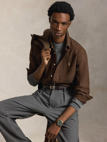 RALPH LAUREN-Camicia Oxford Custom Fit Tinta in Capo Marrone-TRYME Shop