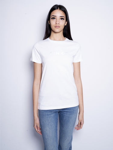PINKO-T-shirt con Logo Ricamato Bianco-TRYME Shop