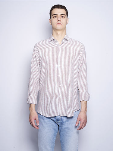 XACUS-Camicia in Misto Lino a Righe Marrone-TRYME Shop