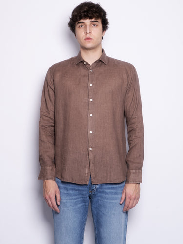 XACUS-Camicia In Lino Tinta Unita Marrone-TRYME Shop