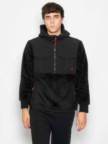 RALPH LAUREN-Felpa in Pile con Cappuccio e Mezza Zip Nero-TRYME Shop