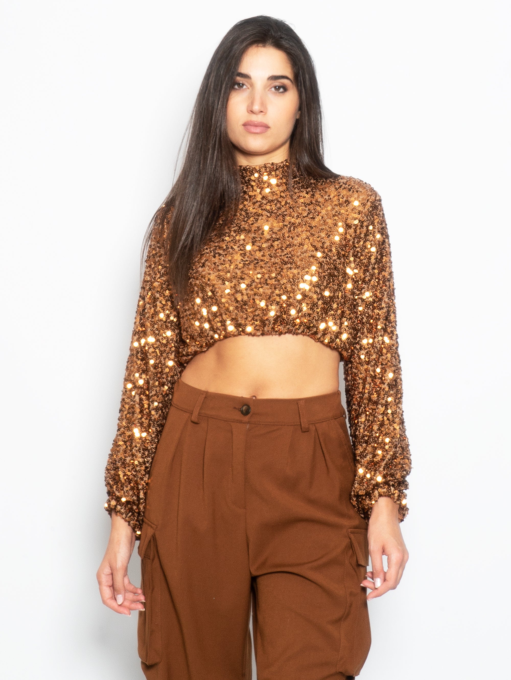 ANIYE BY-Top Corto in Paillettes Manica Lunga Caramello-TRYME Shop