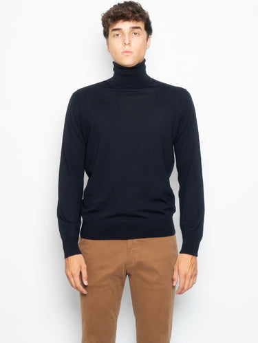 ALPHA STUDIO-Maglia Collo Alto in Lana Ultrafine Blu-TRYME Shop