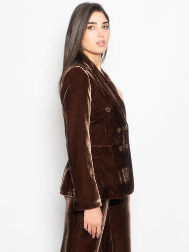 Double-Breasted Silk Velvet Jacket Brown