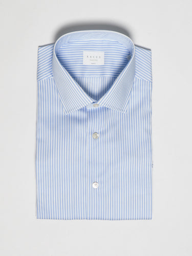 XACUS-Camicia in Cotone No Stiro a Righe Bianco/Celeste-TRYME Shop