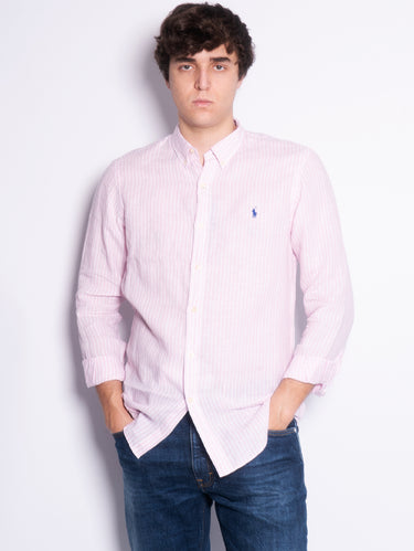 RALPH LAUREN-Camicia in Lino a Righe Slim Fit Rosa/Bianco-TRYME Shop