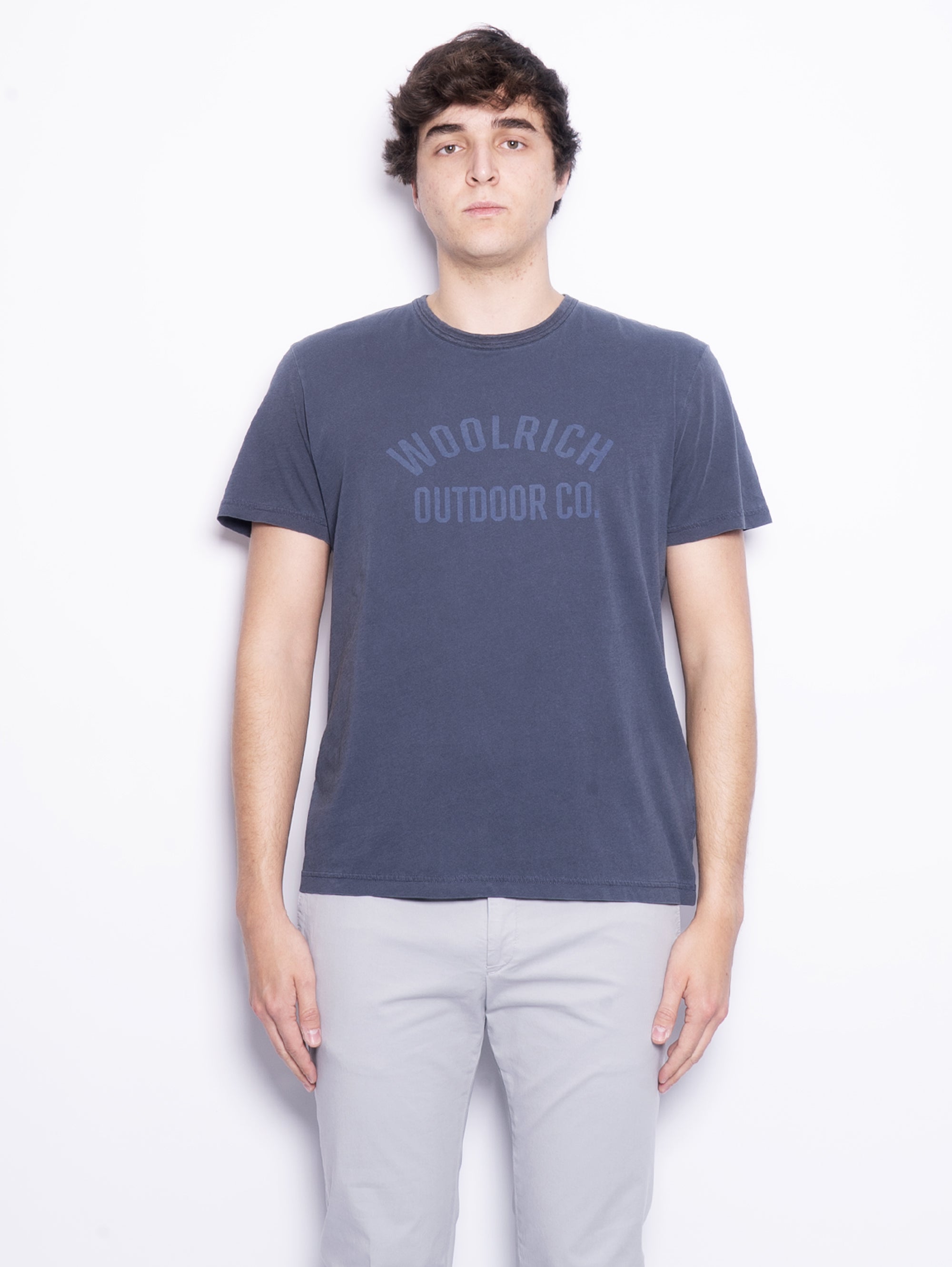 WOOLRICH-T-shirt Tinta in Capo con Stampa Blu-TRYME Shop
