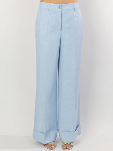 P.A.R.O.S.H.-Pantaloni Palazzo in Lino con Risvolto Azzurro Polvere-TRYME Shop