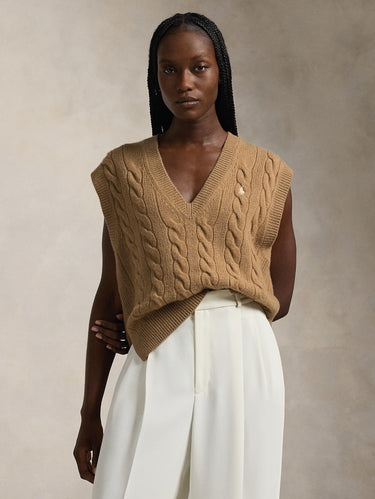 RALPH LAUREN-Gilet con Scollo a V a Trecce Cammello-TRYME Shop