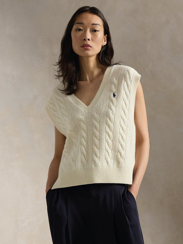 RALPH LAUREN-Gilet con Scollo a V a Trecce Crema-TRYME Shop