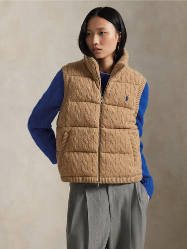 RALPH LAUREN-Gilet Imbottito in Maglia a Trecce Cammello-TRYME Shop