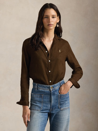 RALPH LAUREN-Camicia Classic Fit in Lino Marrone-TRYME Shop