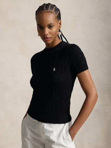 RALPH LAUREN-Maglia a Trecce con Maniche Corte Nero-TRYME Shop