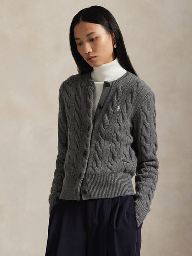 RALPH LAUREN-Cardigan Lavorato a Trecce in Misto Cashmere Grigio-TRYME Shop