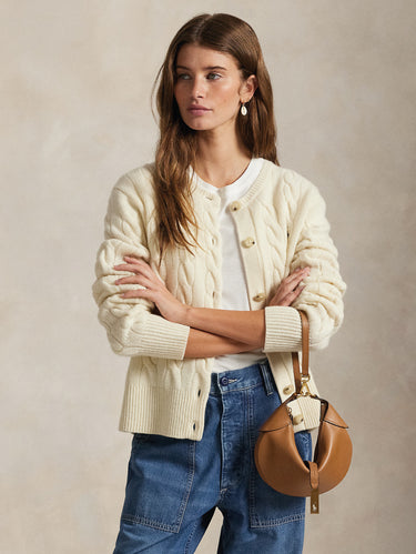 RALPH LAUREN-Cardigan Lavorato a Trecce in Misto Cashmere Crema-TRYME Shop