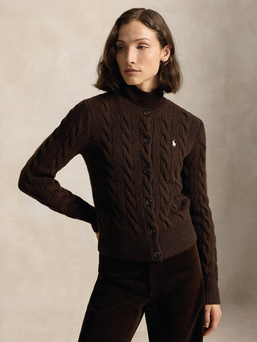 RALPH LAUREN-Cardigan Lavorato a Trecce in Misto Cashmere Marrone-TRYME Shop