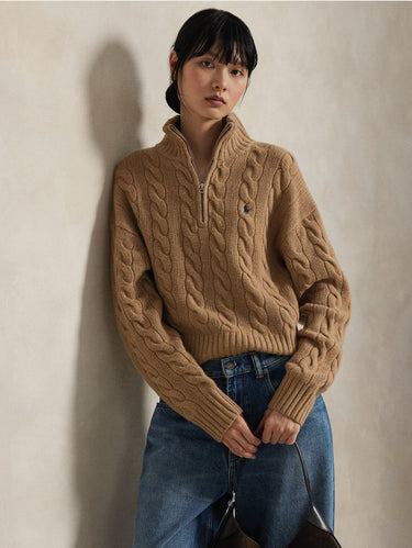 Camel Wool Cable-Knit Sweater with Half-Zip