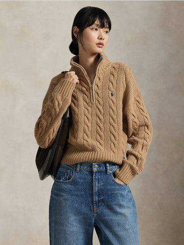 RALPH LAUREN-Maglia a Trecce in Lana con Mezza Zip Cammello-TRYME Shop