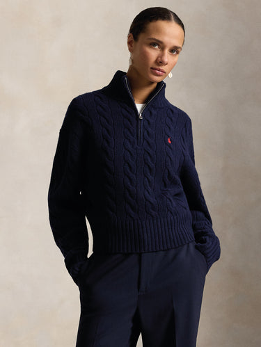 RALPH LAUREN-Maglia a Trecce in Lana con Mezza Zip Blu-TRYME Shop