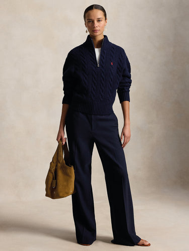 Blue Half-Zip Cable-Knit Wool Sweater