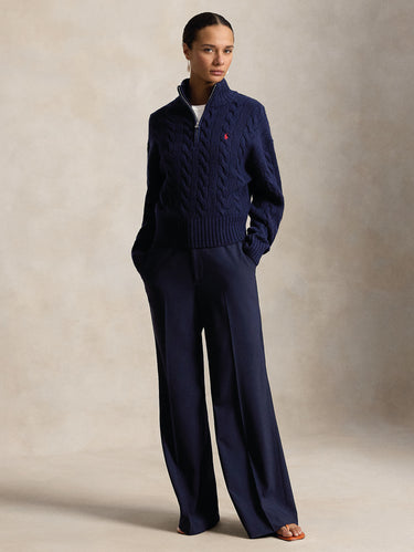 Blue Half-Zip Cable-Knit Wool Sweater
