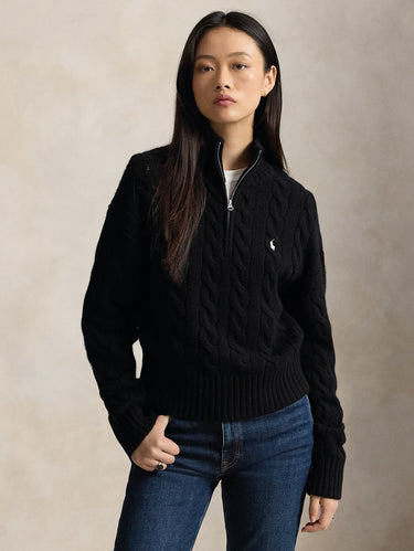 RALPH LAUREN-Maglia a Trecce in Lana con Mezza Zip Nero-TRYME Shop