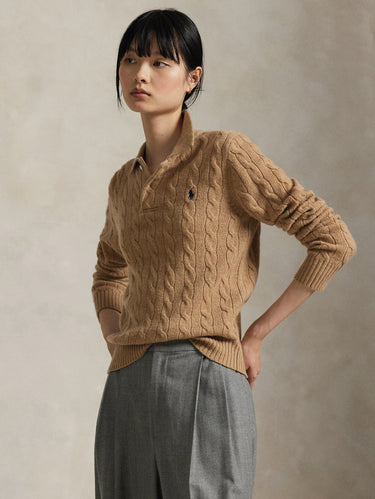 RALPH LAUREN-Maglia Polo a Trecce in Lana e Cashmere Cammello-TRYME Shop