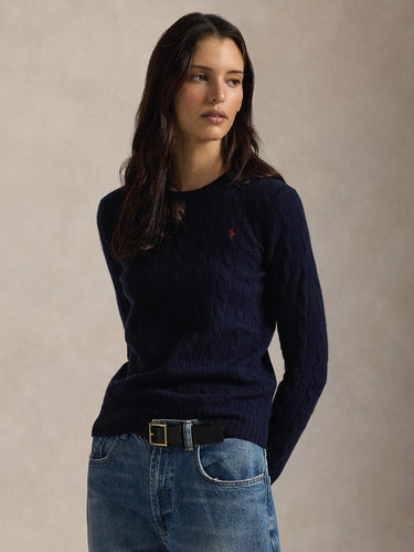 RALPH LAUREN-Maglia Linea Dritta a Trecce in Cashmere Blu-TRYME Shop