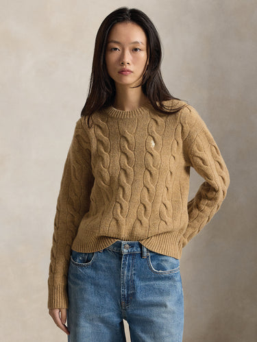 RALPH LAUREN-Maglia Linea Dritta a Trecce in Cashmere Cammello-TRYME Shop
