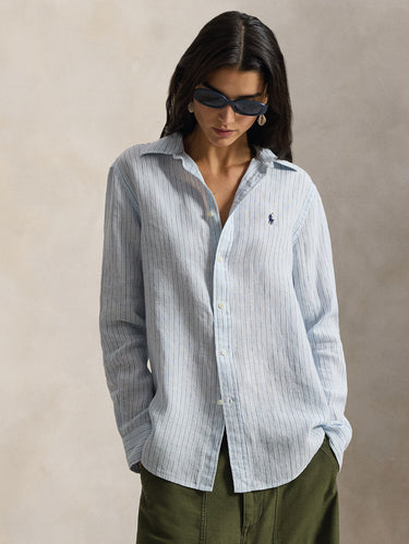 RALPH LAUREN-Camicia a Righe in Lino Classic Fit Blu/Celeste-TRYME Shop