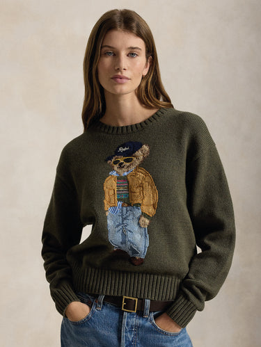 RALPH LAUREN-Maglione In Misto Lino e Cotone con Polo Bear Oliva-TRYME Shop