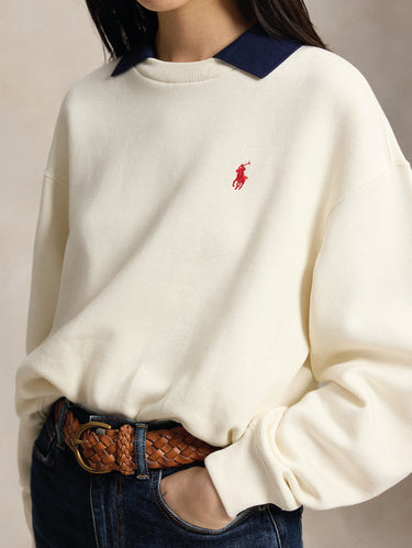 Felpa Gircollo con Collo Polo Applicato Crema
