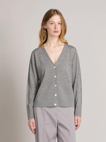 MAX MARA MM-Cardigan in Lana con Scollo a V Grigio Melange-TRYME Shop