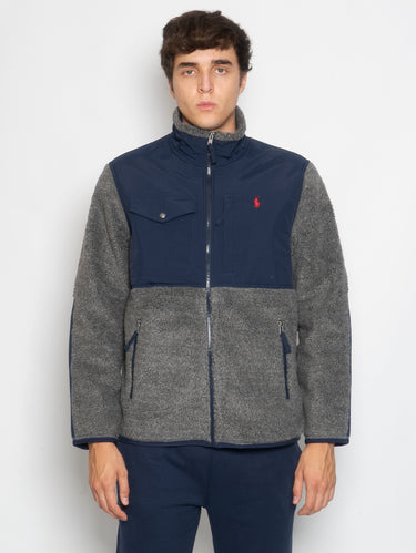 RALPH LAUREN-Felpa in Pile a Pelo Lungo Grigio/Blu-TRYME Shop