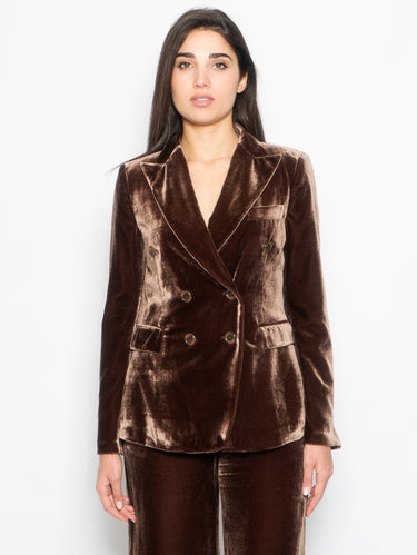 KILTIE-Giacca in Velluto di Seta Doppiopetto Marrone-TRYME Shop