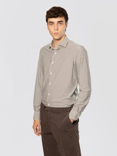 Camicia con Collo Francese a Righe Marrone
