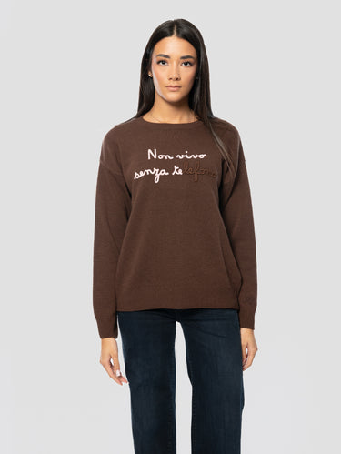 MC2 SAINT BARTH-Maglione Oversize in Misto Cashmere con Ricamo Non vivo Senza Te Marrone-TRYME Shop