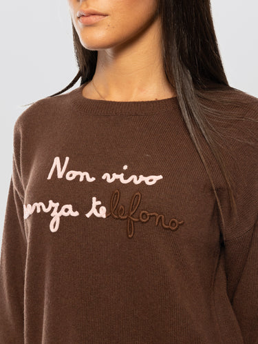 Pull oversize en mélange de cachemire avec broderie Non vivo Senza Te marron