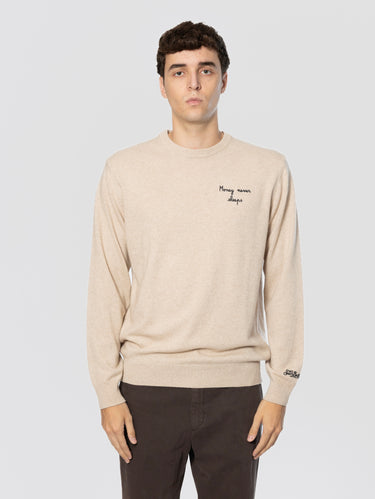 MC2 SAINT BARTH-Maglione in Misto Cashmere con Ricamo Money Never Sleeps Beige-TRYME Shop