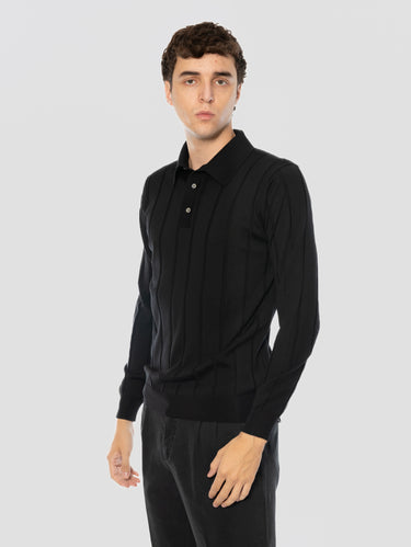 Maglia a Polo Manica Lunga in Merino Nero