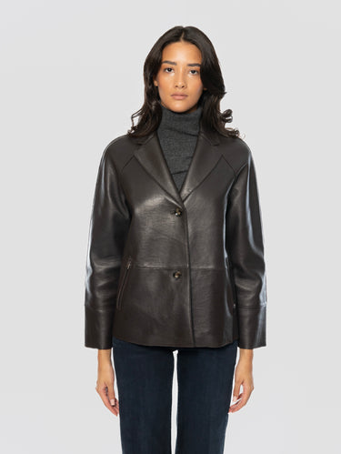 THE JACKIE-Giacca in Pelle Foderata con Rever Marrone-TRYME Shop