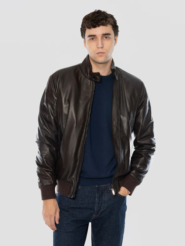 VOLFAGLI-Bomber in Pelle Tamponata con Imbottitura Marrone-TRYME Shop