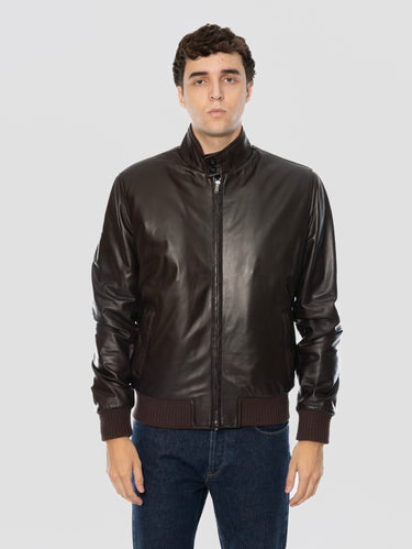 Bomber in Pelle Tamponata con Imbottitura Marrone