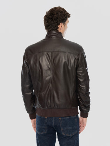 Bomber in Pelle Tamponata con Imbottitura Marrone