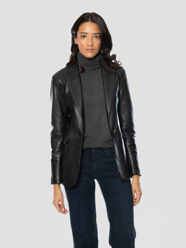 Blazer in Pelle con Chiusura ad un Bottone Nero