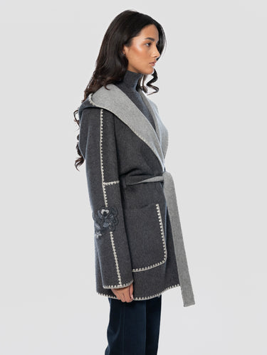 Cappotto Vestaglia con Profili crochet e Ricami Antracite