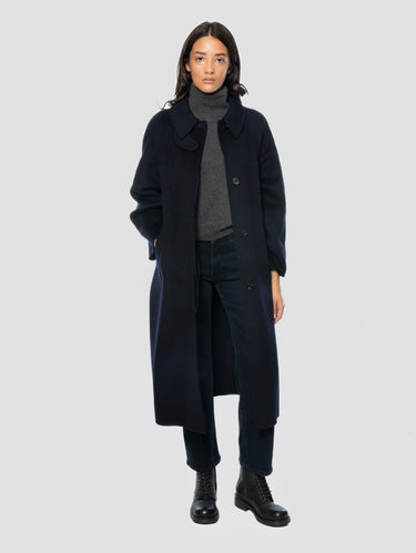Cappotto Lungo in Lana con Cintura Blu Navy
