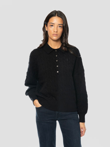 RALPH LAUREN-Maglia in Lana a Trecce con collo Polo Nero-TRYME Shop