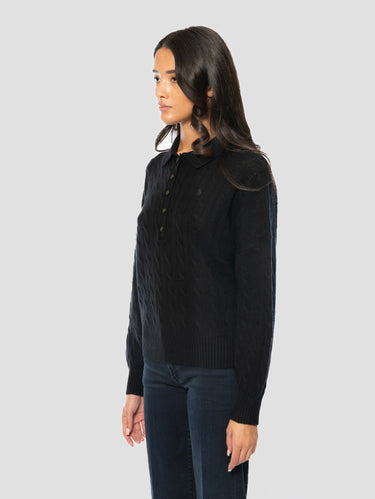 Maglia in Lana a Trecce con collo Polo Nero